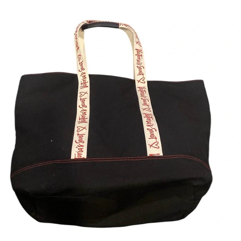 Victoria’s Secret black Canvas Tote Bag with signature red Logo Straps - Picture 2 of 8